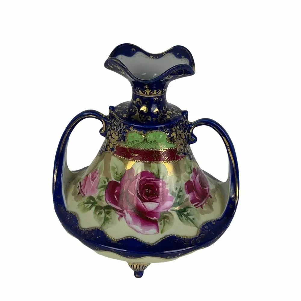 Vintage Handpainted Squat Vase Handles Cobalt Blue Floral Roses Gilded Victorian